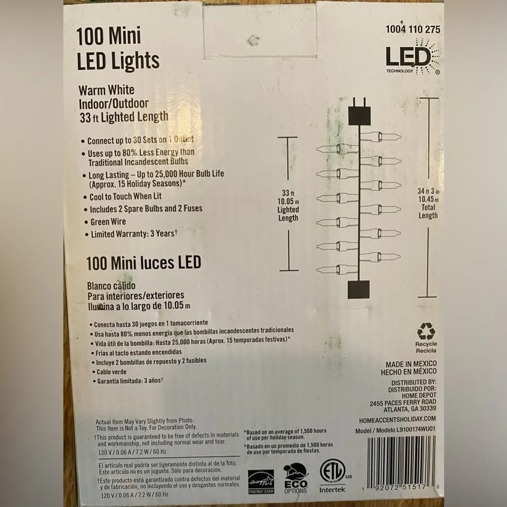 Home Accents Holiday 100 Mini LED Lights Warm White NIB